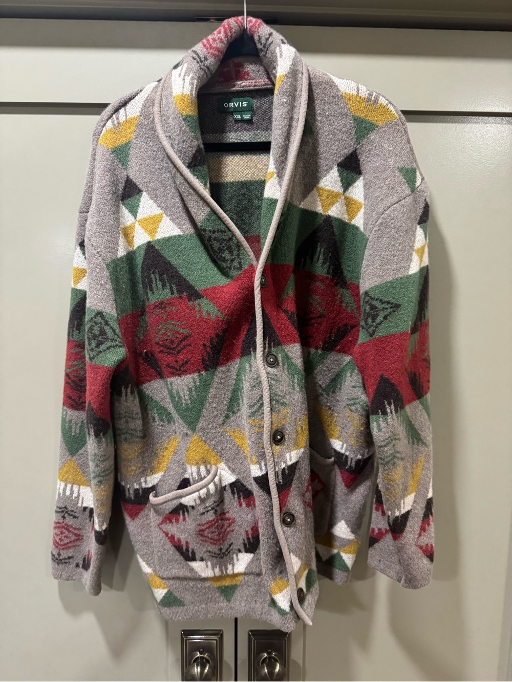 Orvis Shawl Collar Geometric Cardigan in Gray, Red & Green